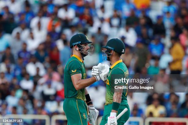 Aiden Markram of South Africa celebrates after scoring a fifty during the 2nd One Day International match between India and South Africa at JSCA...