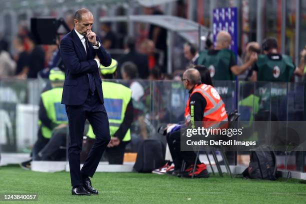 Massimiliano Allegri of Juventus FC looks dejected during the Serie A match between AC MIlan and Juventus at Stadio Giuseppe Meazza on October 9,...