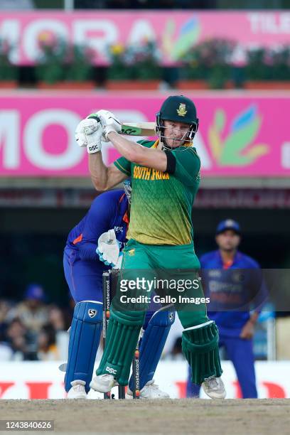 David Miller of South Africa plays a shot during the 2nd One Day International match between India and South Africa at JSCA International Stadium...
