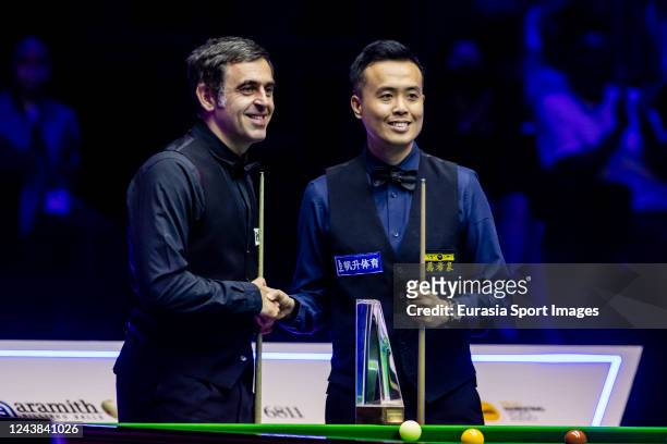 October 2022: Ronnie O'Sullivan of England and Marco Fu of Hong Kong pose for photo prior to Hong Kong Masters 2022 Final match between Marco Fu of...