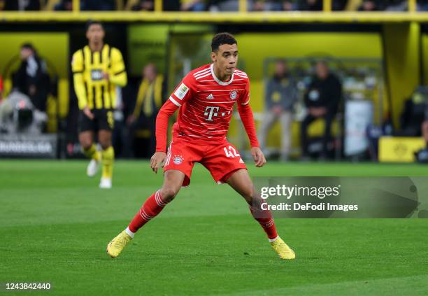 Jamal Musiala of Bayern Muenchen looks on during the Bundesliga match between Borussia Dortmund and FC Bayern München at Signal Iduna Park on October...