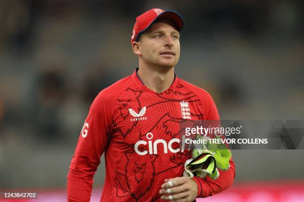 England's Jos Buttler leaves the ground at the end of the first cricket match of the Twenty20 series between Australia and England at Optus Stadium...