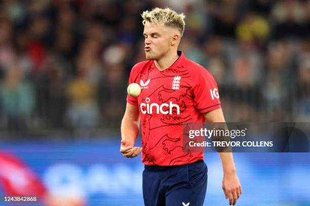 England's Sam Curran prepares to bowl the last over during the first cricket match of the Twenty20 series between Australia and England at Optus...