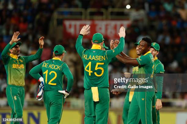 Kagiso Rabada of South Africa celebrates the wicket of Shubman Gill of India during the 2nd One Day International match between India and South...