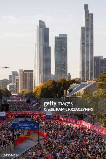 Runners compete during the 2022 Bank of America Chicago Marathon in Chicago, Illinois, on October 9, 2022.