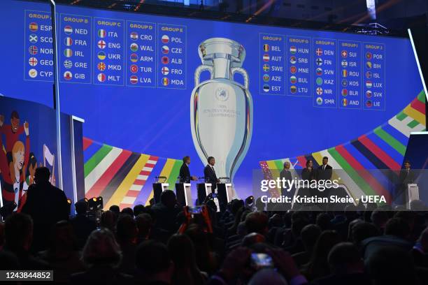 General view of the draw result displayed on the screen during the UEFA EURO 2024 Qualifying Round Draw at Festhalle Messe Frankfurt on October 9 in...