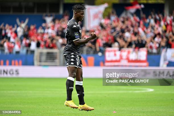 Monaco's Swiss forward Breel Embolo celebrates after scoring his team's first goal during the French L1 football match between Montpellier Herault SC...