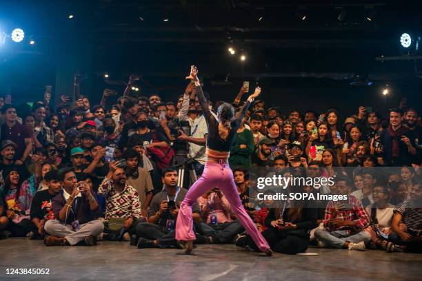 Indian dancer seen performing in front of an audience during the Red Bull Dance Your Style, a street dance competition at DLF Emporio, Vasant Kunj in...