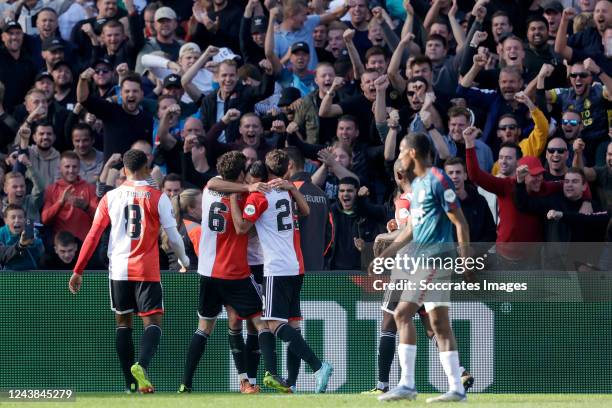 David Hancko of Feyenoord celebrates 2-0 with Santiago Gimenez of Feyenoord, Lutsharel Geertruida of Feyenoord, Jacob Rasmussen of Feyenoord, Quinten...