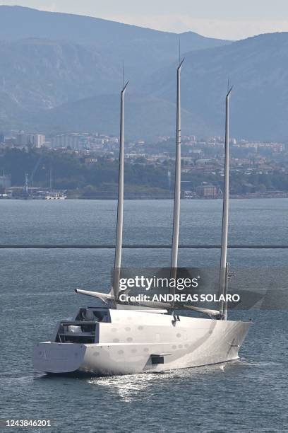 An aerial view shows the Sailing Yacht A , a sail-assisted motor yacht designed by French industrial architect and designer Philippe Starck and built...