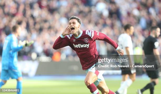 West Ham United's Gianluca Scamacca celebrates scoring his side's second goal during the Premier League match between West Ham United and Fulham FC...