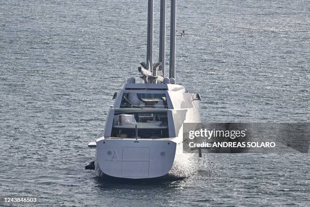 An aerial view shows the Sailing Yacht A , a sail-assisted motor yacht designed by French industrial architect and designer Philippe Starck and built...