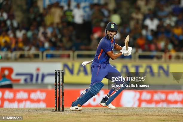 Shreyas Iyer of India plays a shot during the 2nd One Day International match between India and South Africa at JSCA International Stadium Complex on...
