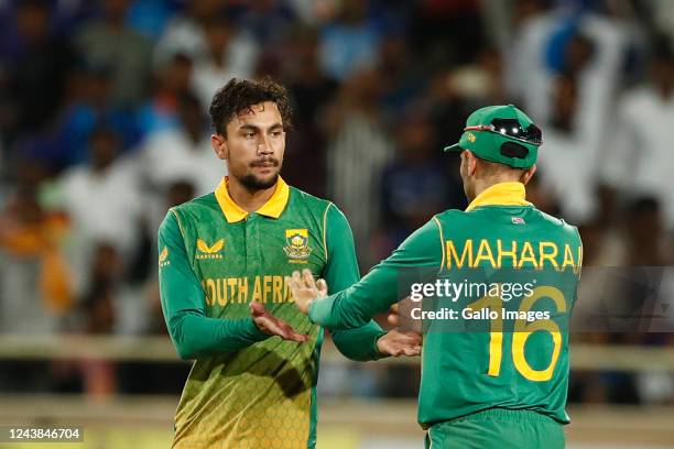 Bjorn Fortuin of South Africa celebrates the wicket of Ishan Kishan of India during the 2nd One Day International match between India and South...