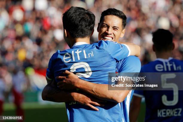 Yukinari Sugawara of AZ Alkmaar celebrating with Tijjani Reijnders of AZ Alkmaar during the Dutch Eredivisie match between FC Utrecht v AZ Alkmaar at...