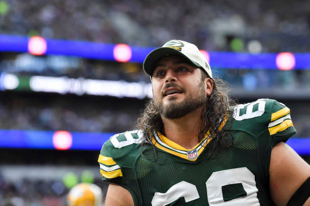 David Bakhtiari of Green Bay Packers looks on during the NFL match between New York Giants and Green Bay Packers at Tottenham Hotspur Stadium on...