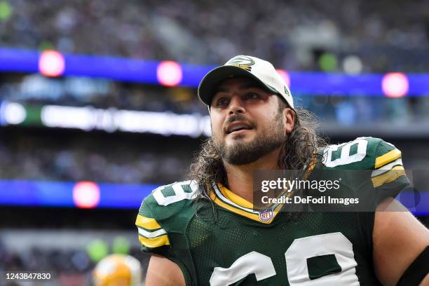 David Bakhtiari of Green Bay Packers looks on during the NFL match between New York Giants and Green Bay Packers at Tottenham Hotspur Stadium on...