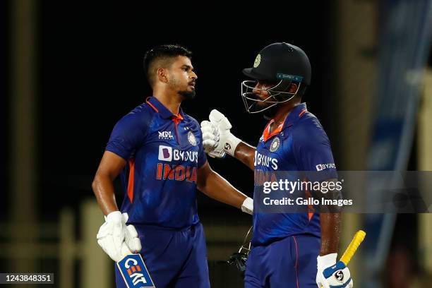 Shreyas Iyer of India and Sanju Samson of India celebrate the victory during the 2nd One Day International match between India and South Africa at...