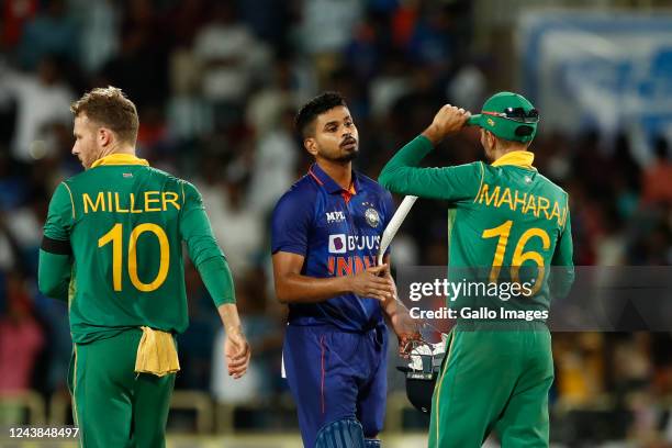 Shreyas Iyer of India and Keshav Maharaj of South Africa during the 2nd One Day International match between India and South Africa at JSCA...