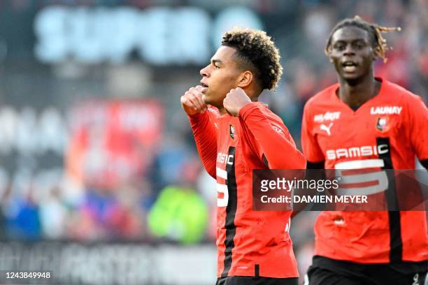 Rennes' French midfielder Desire Doue celebrates scoring his team's third goal during the French L1 football match between Stade Rennais FC and FC...