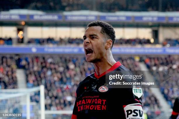 Cody Gakpo of PSV celebrates 0-1 during the Dutch Eredivisie match between SC Heerenveen v PSV at the Abe Lenstra Stadium on October 9, 2022 in...