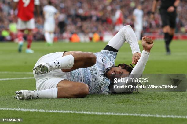 An injury to Trent Alexander-Arnold of Liverpool during the Premier League match between Arsenal FC and Liverpool FC at Emirates Stadium on October...