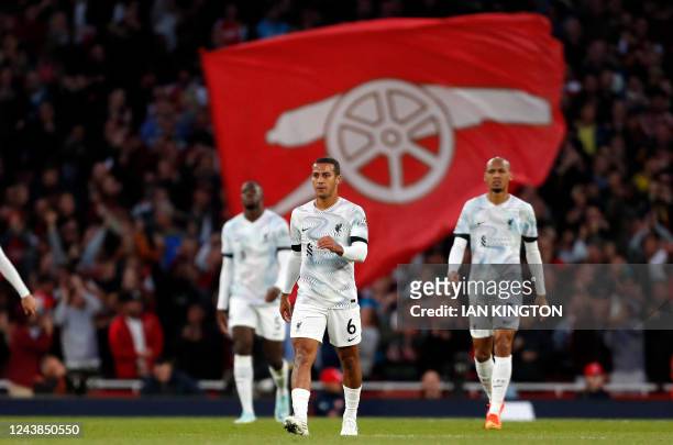 Liverpool's Spanish midfielder Thiago Alcantara looks on after Arsenal's English midfielder Bukayo Saka scores his team's third goal during the...