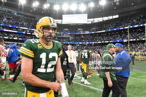 Aaron Rodgers of Green Bay Packers looks dejected after the NFL match between New York Giants and Green Bay Packers at Tottenham Hotspur Stadium on...