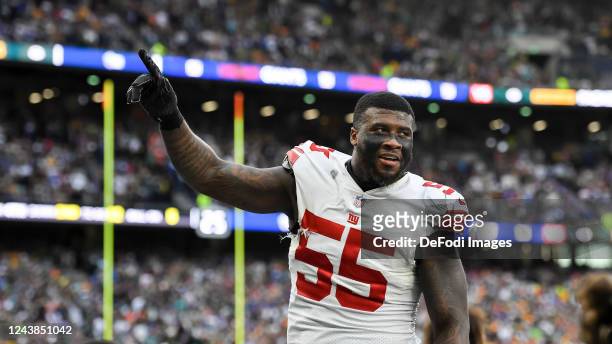 Jihad Ward of New York Giants celebrates after winning after the NFL match between New York Giants and Green Bay Packers at Tottenham Hotspur Stadium...