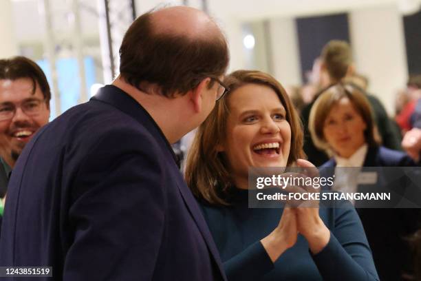 The co-leading candidates of the Green Party, Christian Meyer and Julia Willie Hamburg , react before delivering a press statement after exit polls...