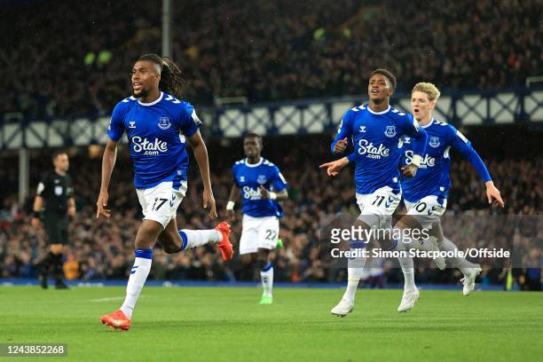 Alex Iwobi of Everton celebrates after scoring their 1st goal during the Premier League match between Everton FC and Manchester United at Goodison...