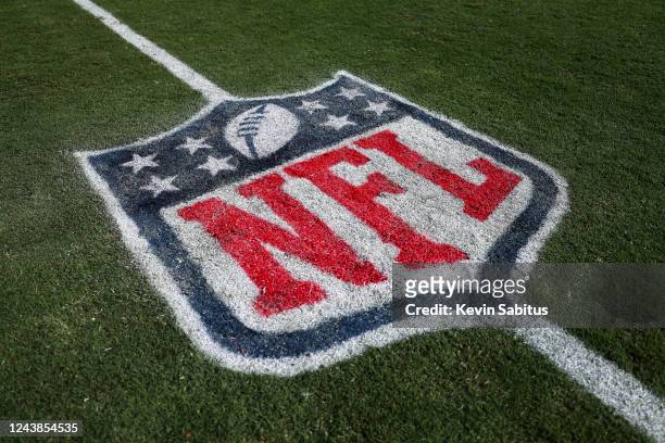 Detail shot of a painted NFL shield logo on the field after an NFL football game between the Tampa Bay Buccaneers and the Atlanta Falcons at Raymond...