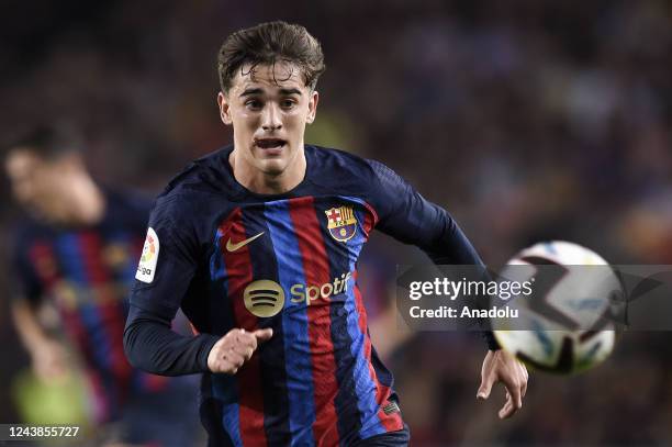 Barcelona's Spanish midfielder Gavi in action during the Spanish league football match between FC Barcelona vs Celta at the Camp Nou stadium in...