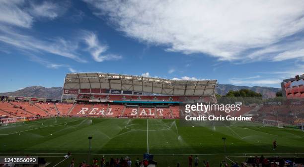 The sprinklers water the pitch before the start of the game betwen Real Salt Lake and the Portland Timbers October 9, 2022 America First Field in...