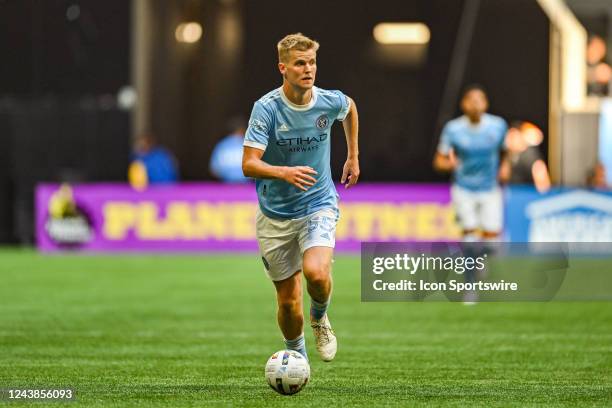 Midfielder Keaton Parks moves with the ball during the MLS match between New York City FC and Atlanta United FC on October 9th, 2022 at Mercedes-Benz...