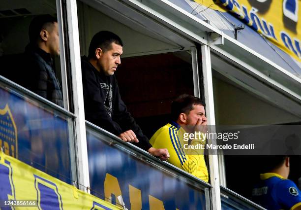 Vice president of Boca Juniors Juan Roman Riquelme looks on during a match between Boca Juniors and Aldosivi as part of Liga Profesional 2022 at...