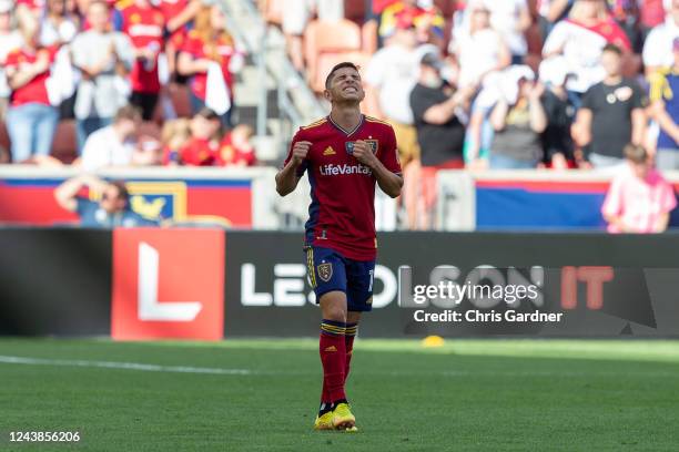 Jefferson Savarino of Real Salt Lake reacts after scoring a goal against the Portland Timbers during the first half of their game October 9, 2022...