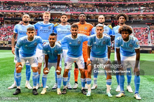 The NYCFC starting 11 pose prior to the start of the MLS match between New York City FC and Atlanta United FC on October 9th, 2022 at Mercedes-Benz...