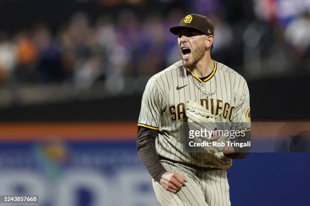 Joe Musgrove of the San Diego Padres reacts after striking out Daniel Vogelbach of the New York Mets in the fifth inning during the Wild Card Series...