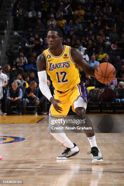 Kendrick Nunn of the Los Angeles Lakers handles the ball during the game against the Golden State Warriors on October 9, 2022 at Chase Center in San...