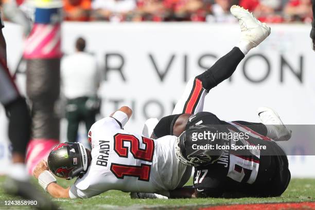 Atlanta Falcons Defensive Tackle Grady Jarrett sacks Tampa Bay Buccaneers Quarterback Tom Brady but receives a penalty on this play during the...