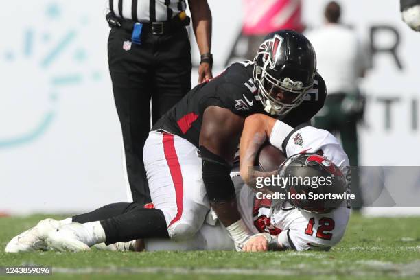 Atlanta Falcons Defensive Tackle Grady Jarrett sacks Tampa Bay Buccaneers Quarterback Tom Brady but receives a penalty on this play during the...