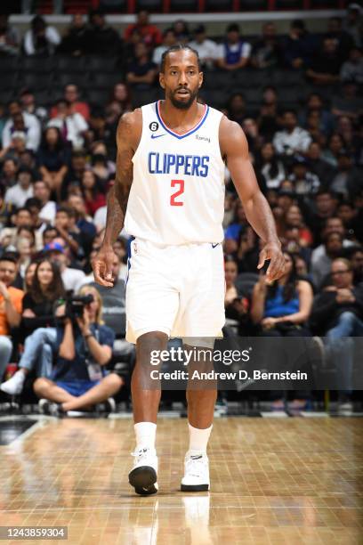 Kawhi Leonard of the LA Clippers looks on during a preseason game against the Minnesota Timberwolves on October 9, 2022 at Crypto.com Arena in Los...