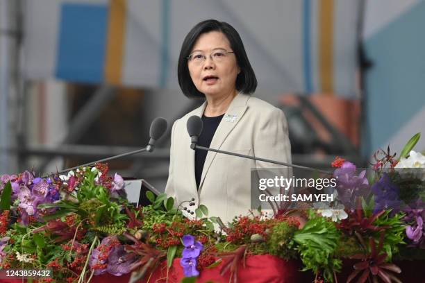 Taiwan's President Tsai Ing-wen speaks at a ceremony to mark the island's National Day in front of the Presidential Office in Taipei on October 10,...