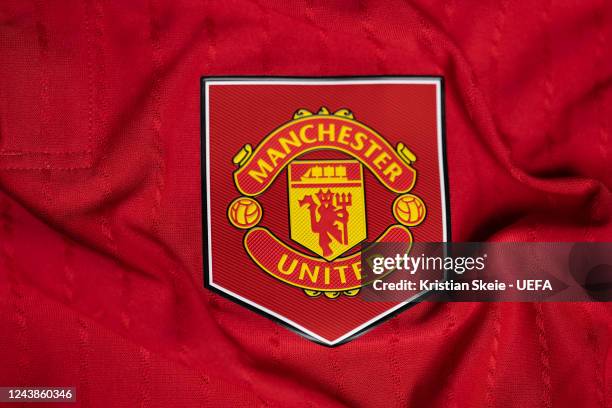 Detailed view of the badge of Manchester United FC during the UEFA Europa League 2022/23 Group Stage Teams Jerseys Shoot at UEFA Headquarters, The...