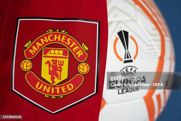 View of the badge of Manchester United FC next to the UEFA Europa League 2022/23 Group Stage match ball during the UEFA Europa League 2022/23 Group...