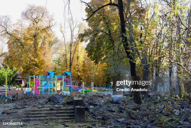 View of the scene after several explosions rocked the Shevchenkivskyi district of the Ukrainian capital, Kyiv on October 10, 2022. Vitali Klitschko...