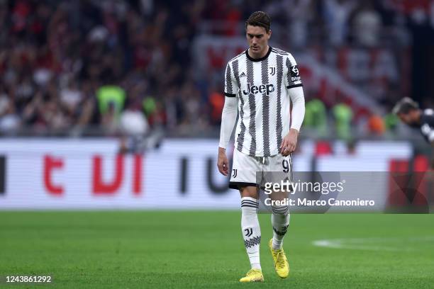 Dusan Vlahovic of Juventus Fc looks on during the Serie A football match between Ac Milan and Juventus Fc. Ac Milan wins 2-0 over Juventus Fc.