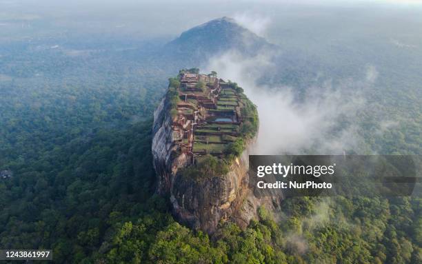 An Aerial View of Sigiriya Rock on October 10, 2022 in Dambulla, Sri Lanka. Sigiriya Lion Rock is an ancient rock fortress known for its massive...