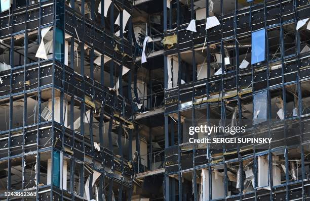 View shows a segment of partially destroyed multistorey office building after several Russian strikes hit the Ukrainian capital of Kyiv on October 10...